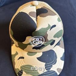 Bape x Stussy Camo Trucker SnapBack Hat Cap VINTAGE Olive Tan Black