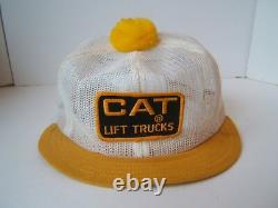 CAT Lift Trucks Patch Hat VTG Full Mesh Short Bill Pom Pom Snapback Trucker Cap