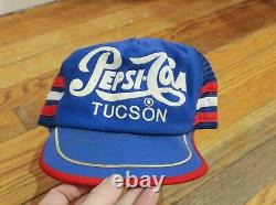 Lot 2 Vintage MADE IN USA 3 STRIPE Pepsi Cola Tucson AZ Trucker Hat Baseball Cap
