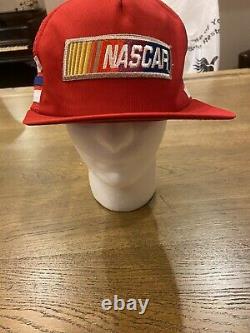 NASCAR VTG Red Mesh 3 Stripe SnapBack Trucker Hat Cap RARE Made In USA. TN