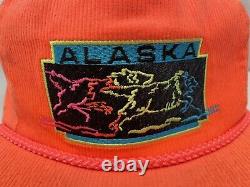 NOS New Vtg ACE Alaska NEON Orange TRUCKER Hat CORDUROY Snapback WOLVES Wolf Cap