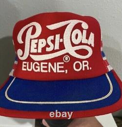 Pepsi Cola Vtg 80's 3 Stripe Trucker Eugene Oregon Snapback Promo Hat Cap USA