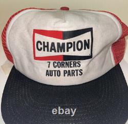 RARE VTG 80s CHAMPION 7 Corners Auto Parts Mesh Back Trucker Snapback Hat Cap