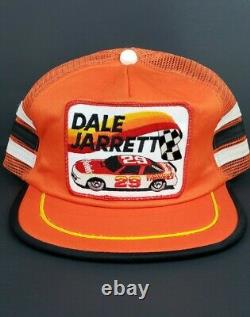 RARE VTG Dale Jarrett NASCAR Patch 3 Stripe Trucker Mesh Snapback Hat Cap USA
