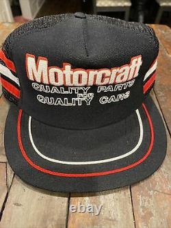 Rare Vintage Black Motorcraft 3 Stripe Trucker Hat Snapback Cap Made USA NICE