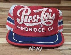 Rare Vintage PEPSI-COLA Bainbridge, Ga 3 Stripe Snapback Trucker Hat Cap