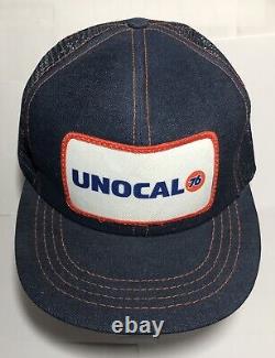Rare Vintage USA Made Denim UNOCAL 76 Patch SnapBack Mesh Back Trucker Cap Hat