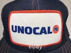 Rare Vintage USA Made Denim UNOCAL 76 Patch SnapBack Mesh Back Trucker Cap Hat