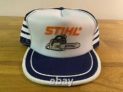 Super Rare STIHL Chainsaws 3 Three Stripe Mesh Foam Snapback Trucker cap Hat VTG
