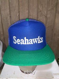 VINTAGE Rare 80s Seattle Seahawks NFL Football Blue Trucker Hat Snapback Cap