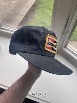 VTG CHAMPION Spark Plugs Patch Denim Trucker Snapback Hat Cap Very Rare
