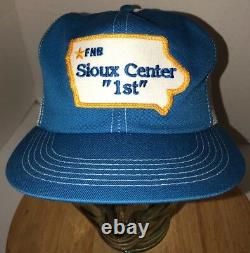 VTG FNB SIOUX CENTER 1st 80s USA K-Products Trucker Hat Cap Snapback BANK Iowa