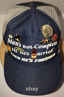 VTG MARRIAGE 80s USA 3 SIDE STRIPES BARS Tri-Color Trucker Hat Cap Snapback PINS