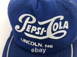 VTG PEPSI-COLA 3 Stripe Snapback Trucker Hat Cap USA MADE Lincoln Nebraska Blue