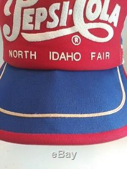 VTG Pepsi Cola 3 Stripe Snapback Trucker Hat Cap North Idaho Fair Made in USA