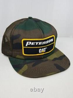 VTG Peterson CAT Hat Caterpillar Camo Mesh Patch Snapback 80s Trucker Cap USA