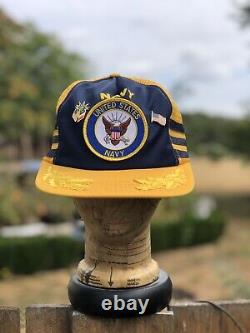 VTG United States Navy Patch 3 Stripe Snapback Hat Trucker Cap Made In USA