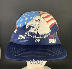 Vintage 1970s Trucker Hat Mesh Cap Snap back 3 Stripe Usa American Flag Eagle