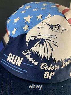 Vintage 1970s Trucker Hat Mesh Cap Snap back 3 Stripe Usa American Flag Eagle