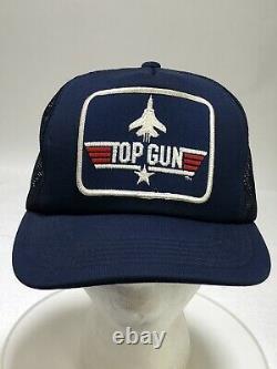 Vintage 1986 TOP GUN Snapback Trucker Hat Cap Blue Mesh Navy 1985 USA Maverick