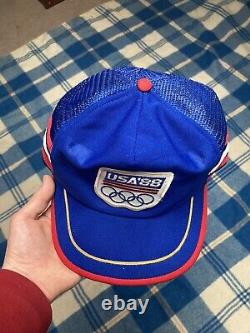 Vintage 1988 USA Olympics 3 Stripe Patch Snapback Trucker Hat Cap Red White Blue