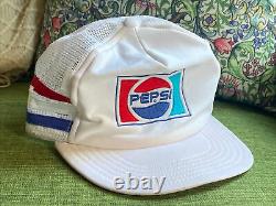 Vintage 3 Stripe Pepsi Cola Trucker Hat Snapback Rare USA White Cap Soda Three