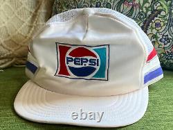 Vintage 3 Stripe Pepsi Cola Trucker Hat Snapback Rare USA White Cap Soda Three