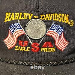 Vintage 70s 80s Harley Davidson Trucker Hat USA Flag Pride Half Dollar Coin Cap