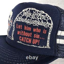 Vintage 70s Two Stripe 12th Commandment Without Sin Sex Mesh Trucker Cap Hat