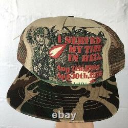 Vintage 70s Vietnam Camo I Served My Time In Hell Mesh Trucker Cap Hat USA Made