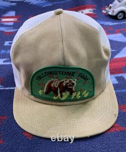 Vintage 80's K Products Yellowstone Patch Trucker Hat SnapBack Mesh Cap Bear