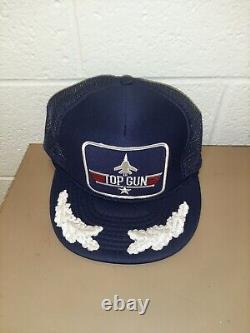 Vintage 80's TOP GUN Snapback Trucker Hat Cap Blue Mesh Navy Blue USA Maverick