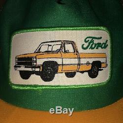 Vintage 80s FORD Truck Yellow Gold Green Trucker Hat Cap Snapback Patch USA Made