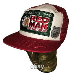 Vintage 80s Red Man Chewing Tobacco Trucker Hat Cap Snapback Patch USA Red White