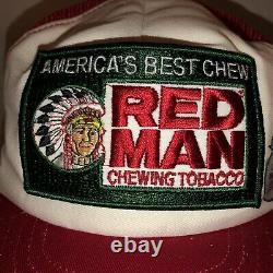 Vintage 80s Red Man Chewing Tobacco Trucker Hat Cap Snapback Patch USA Red White