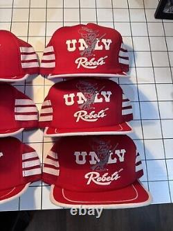 Vintage 80s UNLV Rebels 3 Stripe Red Mesh Truckers Hat Cap Snapback Lot x6