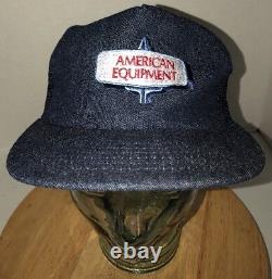 Vintage AMERICAN EQUIPMENT 80s USA Denim Trucker Hat Cap Snapback Custom Image