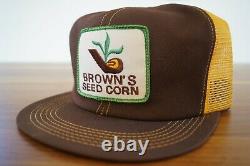 Vintage BROWN's SEED CORN Mesh Snapback Trucker Cap Hat Patch USA K-Brand (L7)