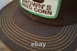 Vintage BROWN's SEED CORN Mesh Snapback Trucker Cap Hat Patch USA K-Brand (L7)