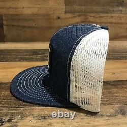 Vintage Cat Hat Snapback Trucker Cap Mens Blue Denim Caterpillar Lousiville MFG