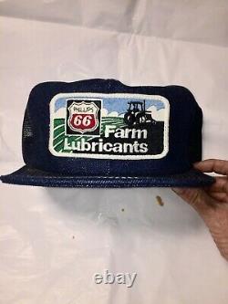 Vintage Denim Snapback Trucker Hat Phillips 66 Farm Lubricants Cap K-Brand USA