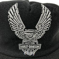 Vintage Harley Davidson Trucker Hat Cap USA Made Snapback Wings Puffy Print Mesh
