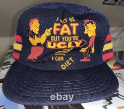 Vintage I May Be Fat But You're Ugly Novelty 3 Stripe Mesh SnapBack Hat Cap USA