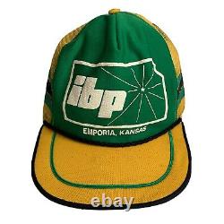 Vintage IBP 3 Stripe Trucker SnapBack Hat Cap Adjustable Emporia KS Green Yellow