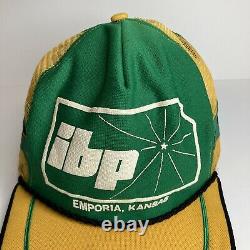 Vintage IBP 3 Stripe Trucker SnapBack Hat Cap Adjustable Emporia KS Green Yellow