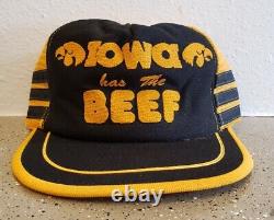 Vintage Iowa Hawkeyes Beef 3 Stripe Trucker Hat Made in USA Yellow Puff Print