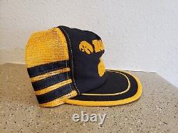 Vintage Iowa Hawkeyes Beef 3 Stripe Trucker Hat Made in USA Yellow Puff Print