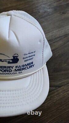 Vintage JERRY FARMER FORD MERCURY Trucker Hat 1980's White Mesh Snapback Cap CD