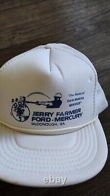 Vintage JERRY FARMER FORD MERCURY Trucker Hat 1980's White Mesh Snapback Cap CD
