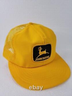 Vintage John Deere Hat Cap 80's Yellow Mesh Trucker Rare Black Patch Excellent